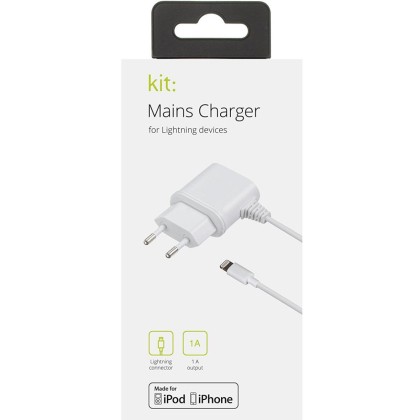 Incarcator retea compact - Apple Lightning, 1 A, MFI, cablu incarcare fix, Alb