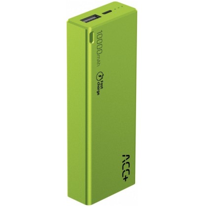 Acumulator portabil universal ACC+ THIN, capacitate 10000 mAh, Fast Charge, inclus cablu microUSB - Verde