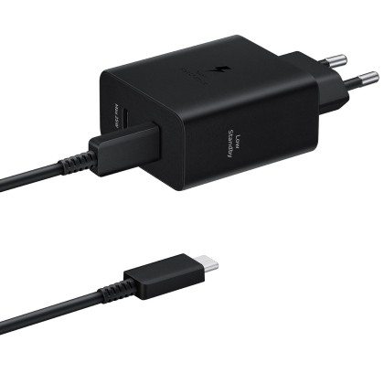 Incarcator retea Super Fast Charger 50W, Adapter Duo USB Type-C, Low Standby, cablu Type-C (5A) inclus, Negru