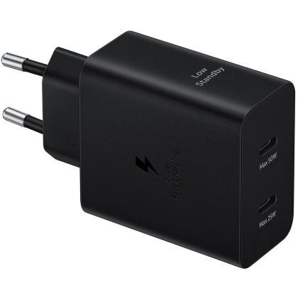 Incarcator retea Super Fast Charger 50W, Adapter Duo USB Type-C, Low Standby, cablu Type-C (5A) inclus, Negru